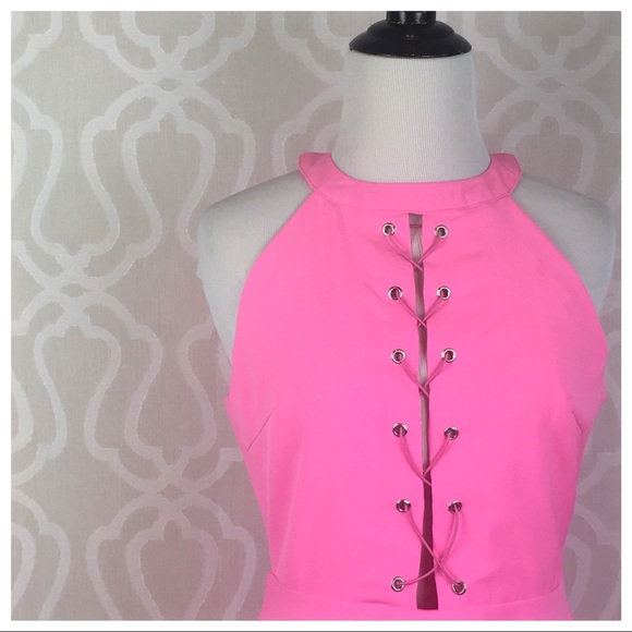 Rose Pink Lace Up Flare Dress - Picture 3 of 8